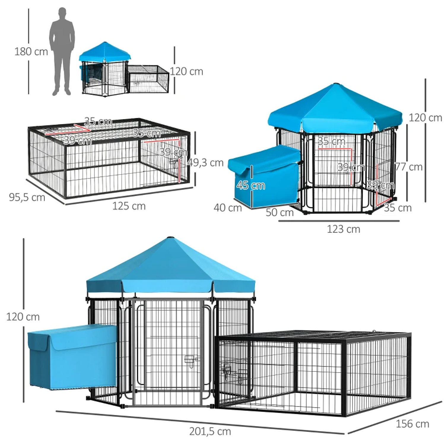 Metal Chicken Coop for 6-10 Hens Sturdy Outdoor Chicken Coop with Awning Wire Grill Nest Drop Roof and Doors 201.5x156x120cm Black and Blue 2