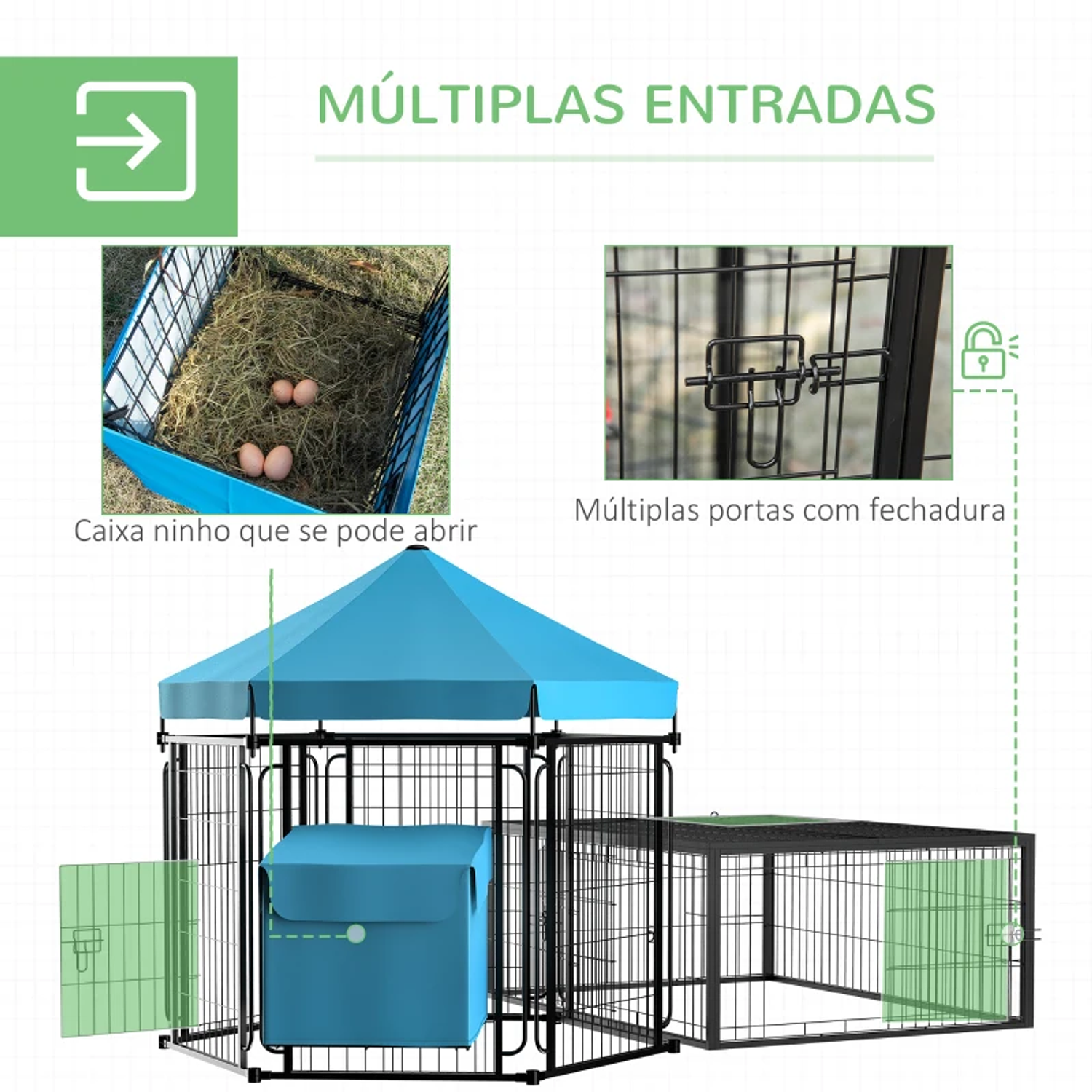 Metal Chicken Coop for 6-10 Hens Sturdy Outdoor Chicken Coop with Awning Wire Grill Nest Drop Roof and Doors 201.5x156x120cm Black and Blue 6