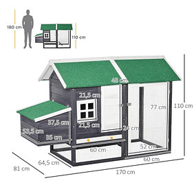 Gallinero de madera para exteriores, jaula para pollos con caja nido, techo de asfalto, bandeja extraíble, ventana y rampa, 170x81x110cm, gris