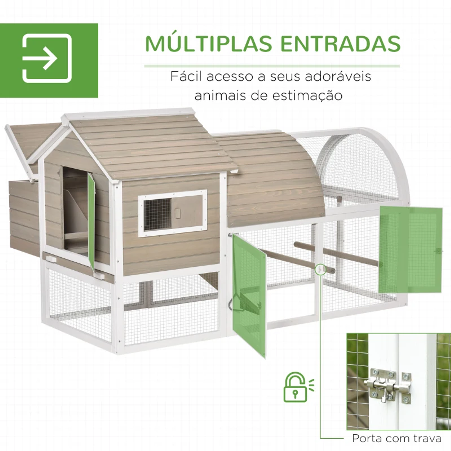 Outdoor Fir Wood Chicken Coop with Open Zone Brooder Bars Removable Tray and Ramp 167.5x109x100cm Gray and White 3