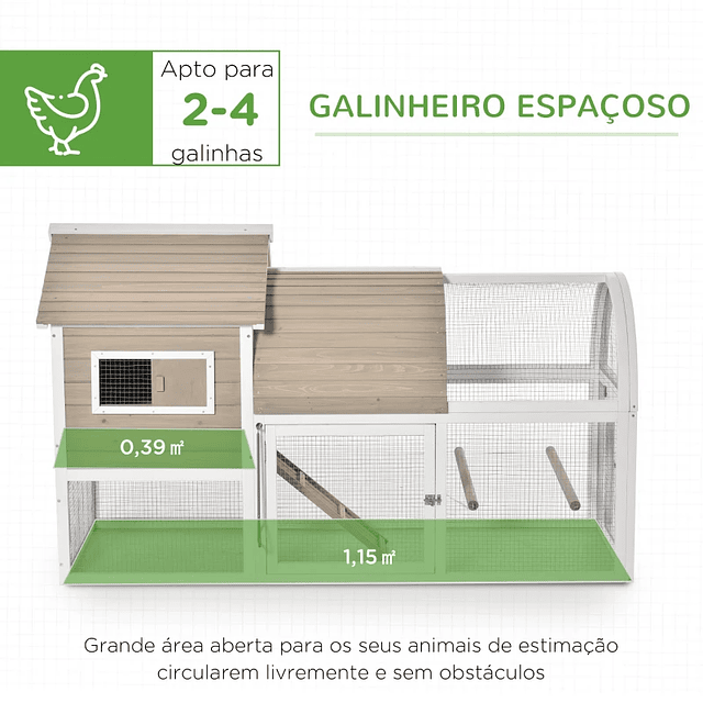 Gallinero de exterior de madera de abeto con barras de incubación de zona abierta Bandeja extraíble y rampa 167,5x109x100cm Gris y blanco