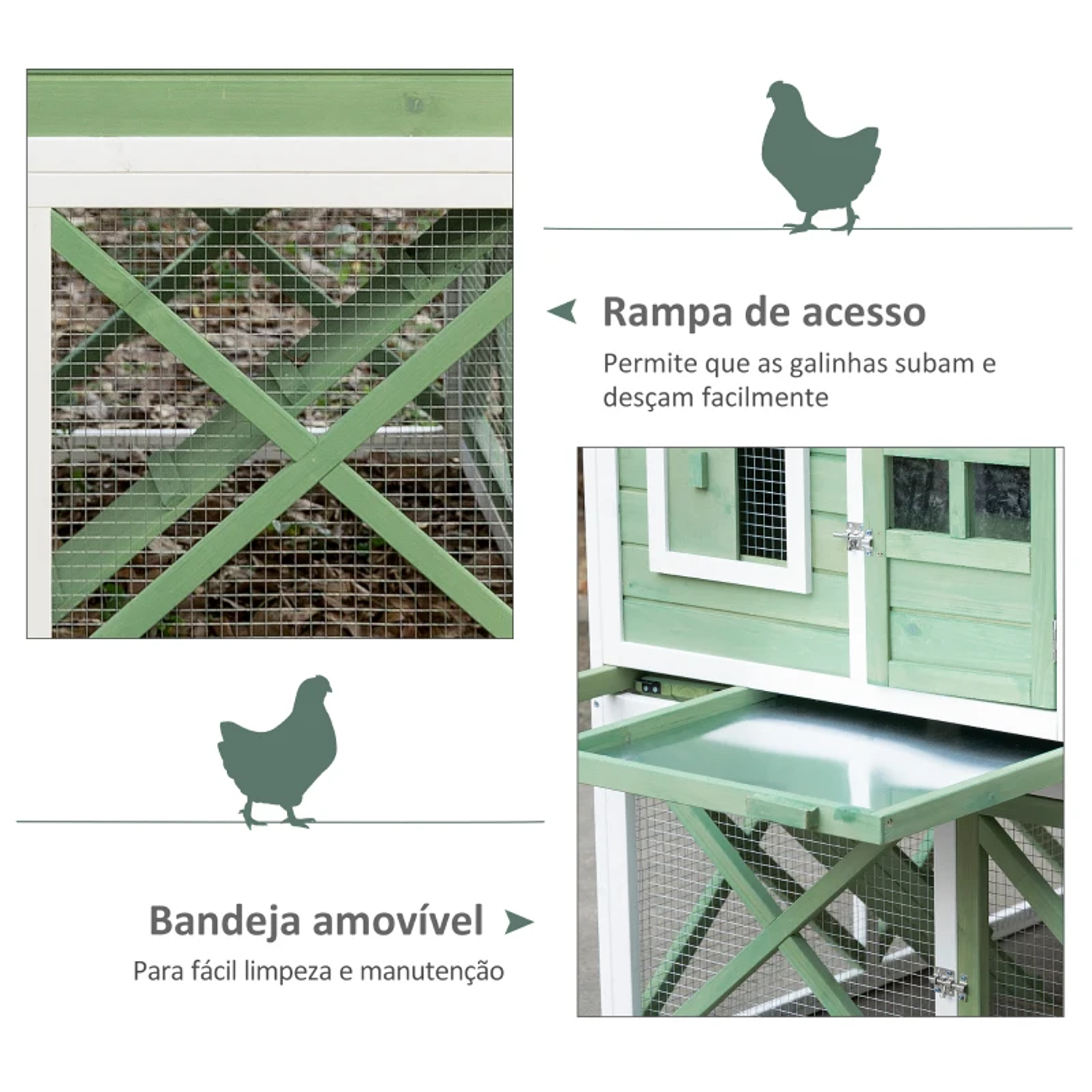 Outdoor Wooden Chicken Coop Cage for 2 Hens with Wire Grid Planter for Nest Cultivation Asphalt Ceiling Removable Tray and Ramp 110x109x124cm Green 6