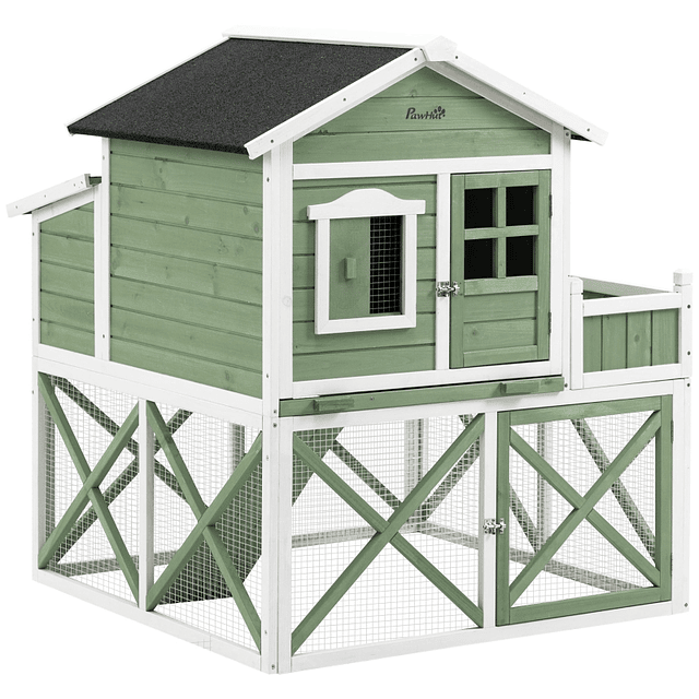 Outdoor Wooden Chicken Coop Cage for 2 Hens with Wire Grid Planter for Nest Cultivation Asphalt Ceiling Removable Tray and Ramp 110x109x124cm Green