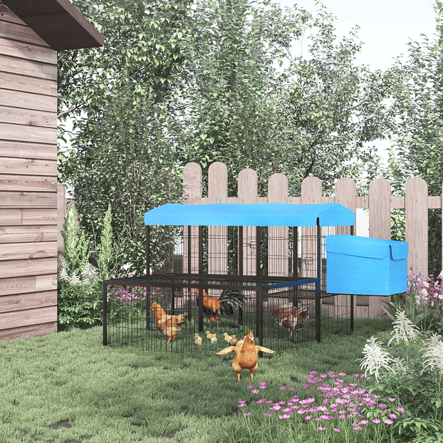 Metal Chicken Coop for 6-10 Hens Outdoor Sturdy Chicken Coop with Awning Wire Grill Nest Multiple Doors and Platform 200x165.5x103cm Black and Blue