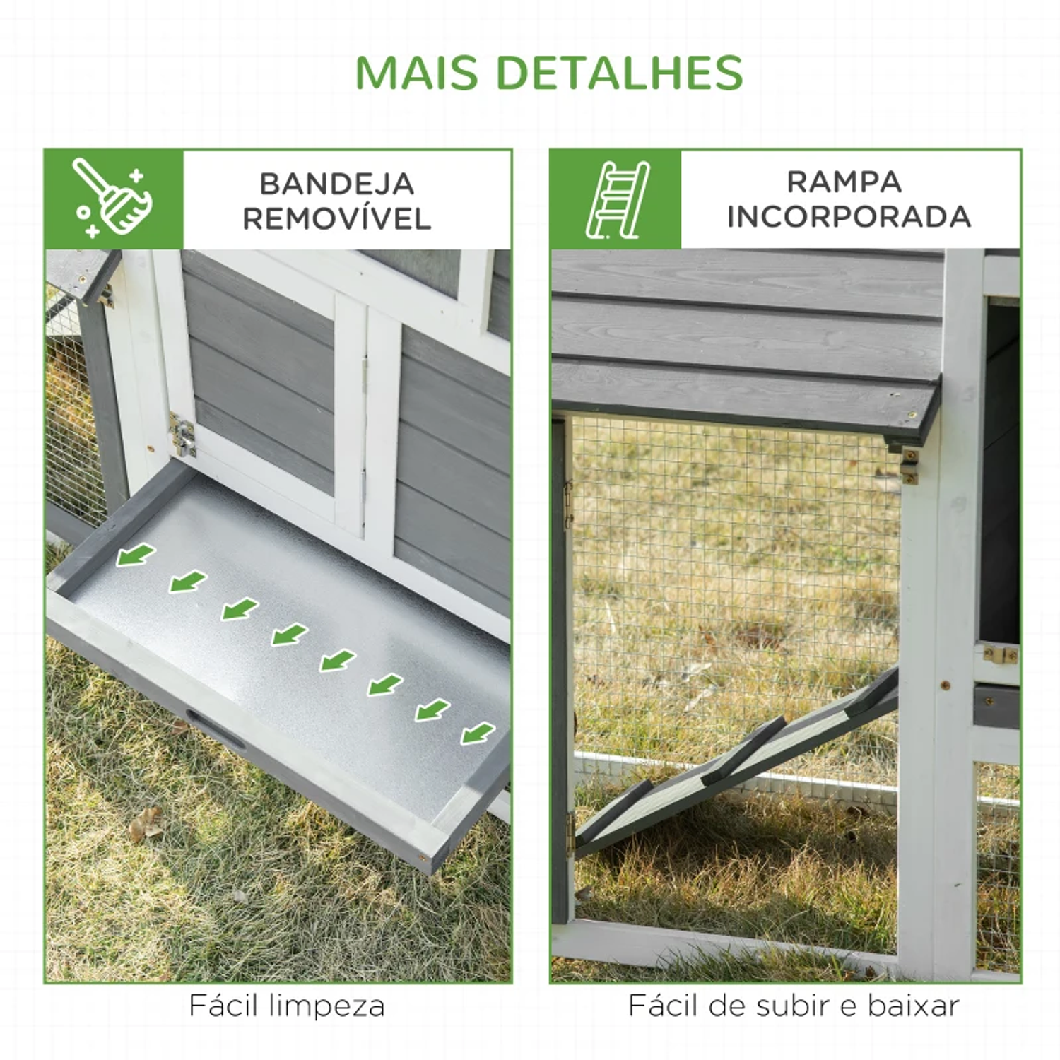 Galinheiro de Madeira para Exterior Gaiola para 2-3 Galinhas com Cercado de Arame Teto Abatível Caixa Ninho Bandeja Removível e Rampa 150,5x54x87cm 5