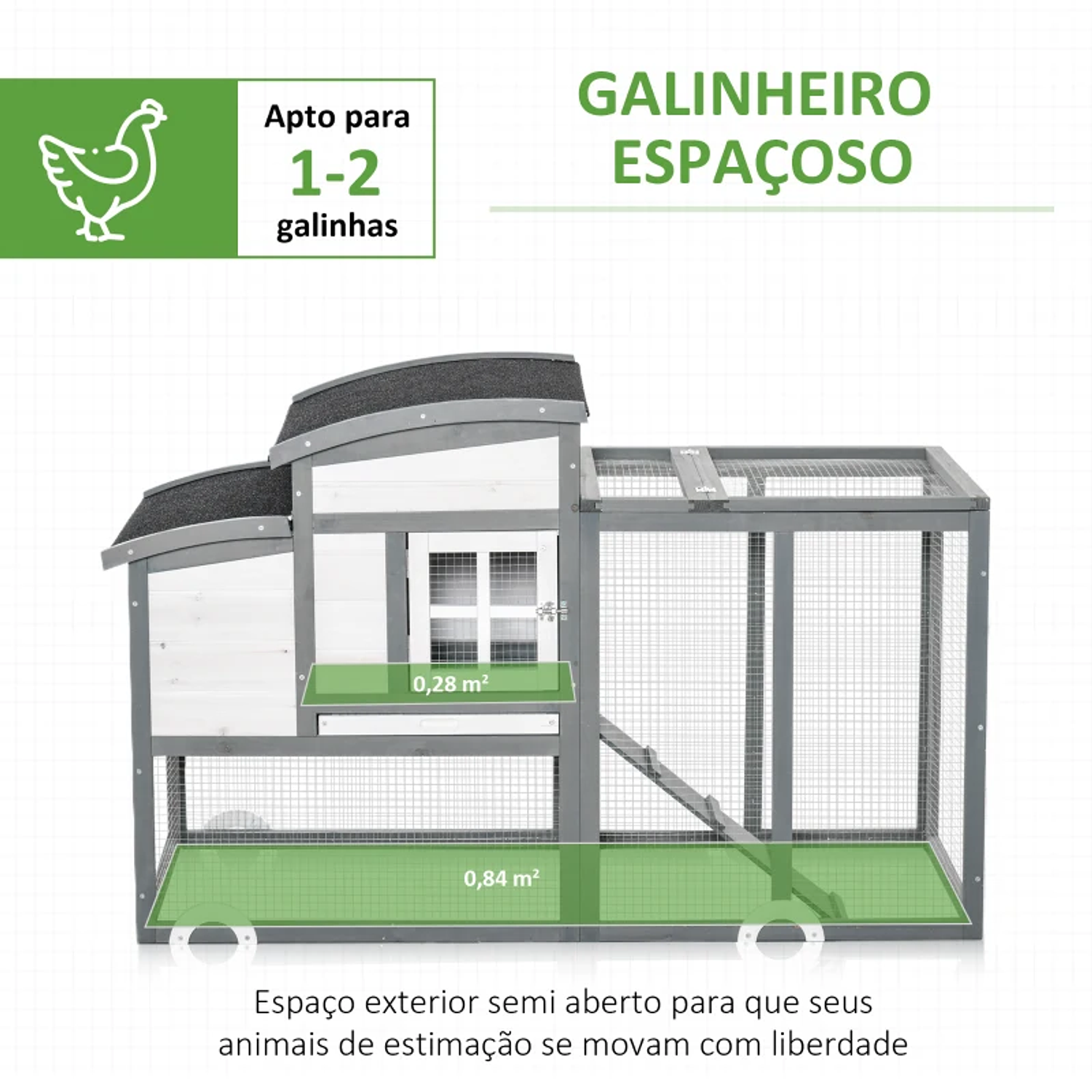 Jaula de gallinero de madera exterior para 1-2 gallinas con caja nido Alambrada rodeada de techo de asfalto Bandeja desmontable y rampa 140x67x88,5cm Gris 4