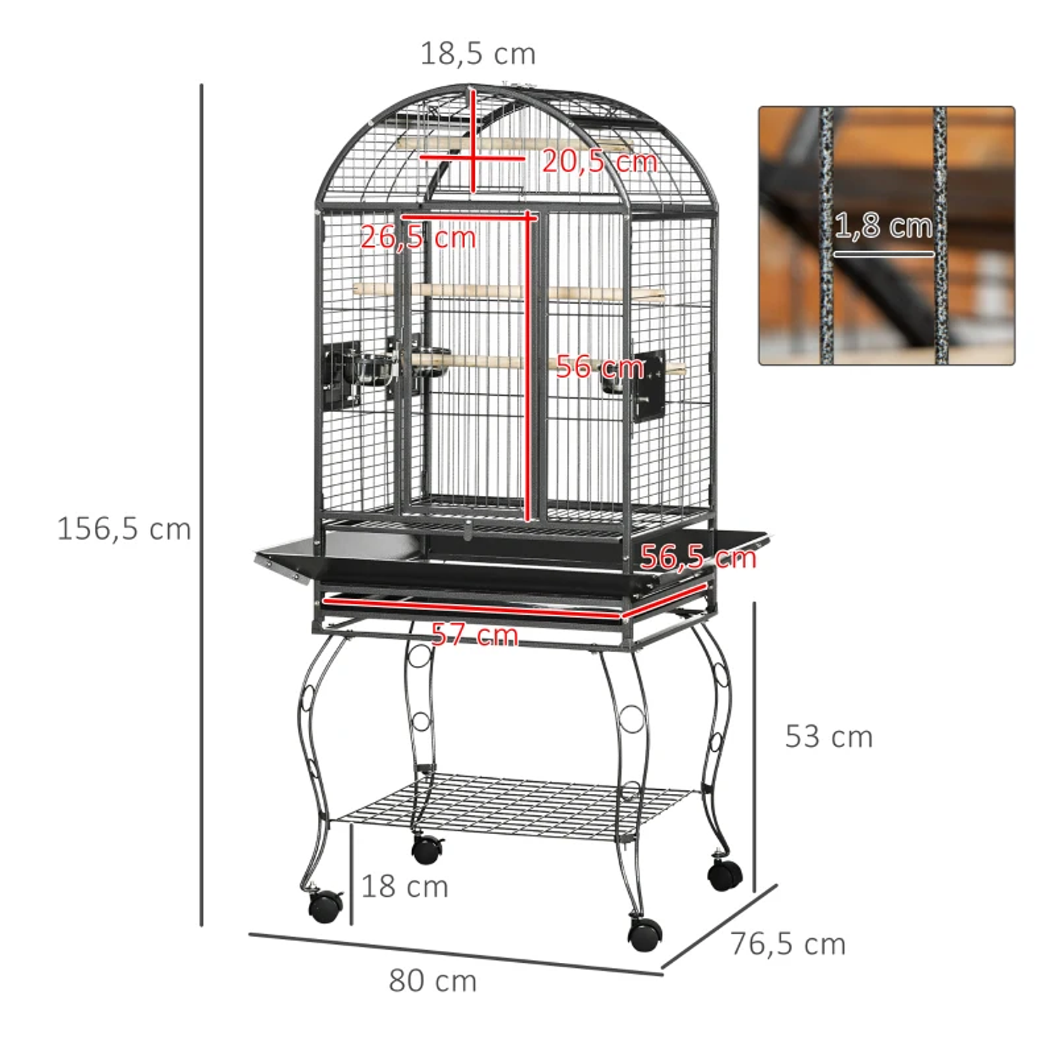 Gaiola para Pássaros Gaiola de Metal para Aves com 2 Portas Poleiros Bandeja Amovível e 4 Rodas 80x76,5x168 cm Cinza Escuro 2