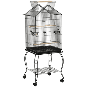 Bird Cage with Support Wheels Removable Tray 2 Feeders and Lower Metal Shelf 50x58x145 cm Black