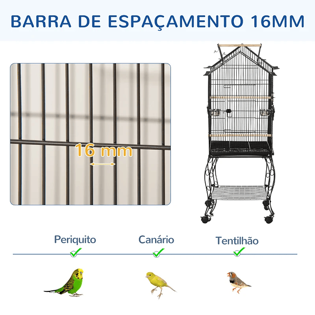 Jaula para Pájaros con Ruedas de Apoyo Bandeja Extraíble 2 Comederos y Estante Metálico Inferior 50x58x145 cm Negro