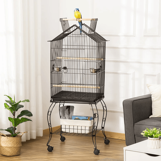 Bird Cage with Support Wheels Removable Tray 2 Feeders and Lower Metal Shelf 50x58x145 cm Black