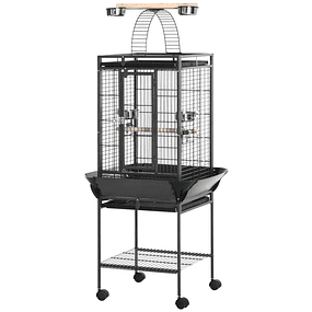 Bird Cage with Support and Wheels 62.5x62.5x156cm Metallic Bird Cage with Arch Bridge 2 Perches 4 Feeders 2 Removable Trays and Lower Shelf Gray