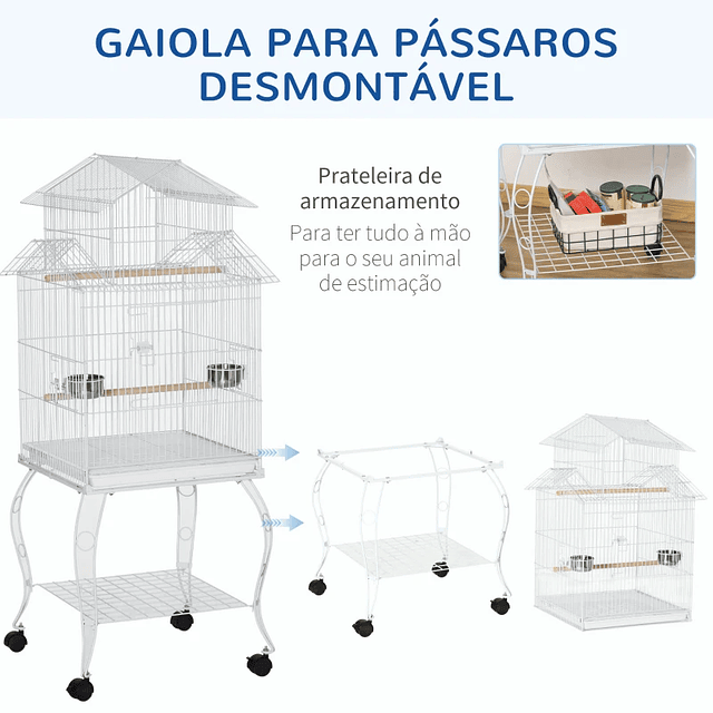 Jaula para pájaros con ruedas Bandeja extraíble Puertas Comedero Percha y estante inferior 50x49x137cm Blanco