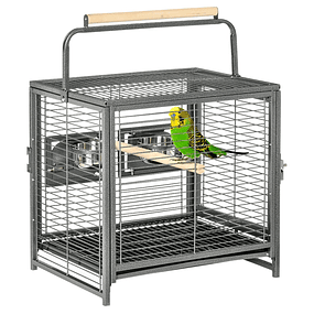 Portable Bird Cage with 2 Wooden Perches Stainless Steel Feeders and Removable Tray 48x38x47.8 cm Black