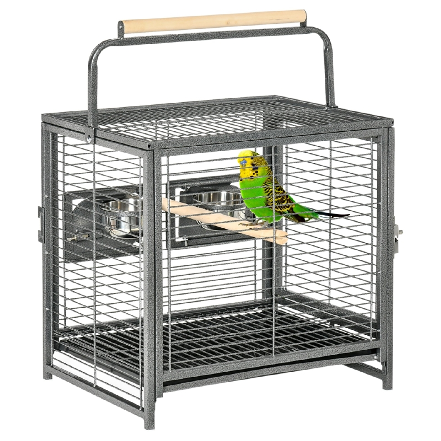 Portable Bird Cage with 2 Wooden Perches Stainless Steel Feeders and Removable Tray 48x38x47.8 cm Black 1