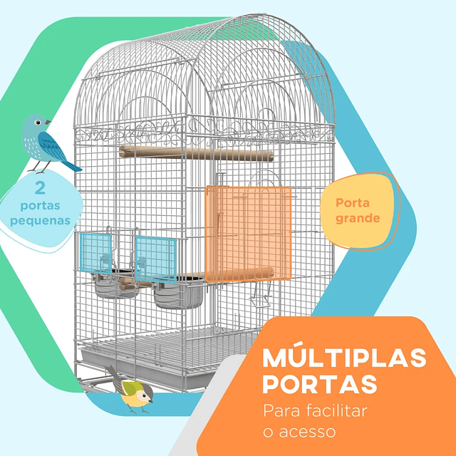 Gaiola para Pássaros com Rodas Bandeja Amovível Prateleira 2 Comedouros de Aço Inoxidável e Poleiro 51x51x153 cm Branco