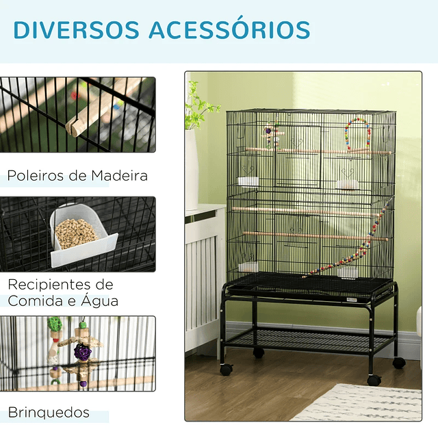 Bird Cage on Wheels with 4 Feeders 3 Perches Toys Removable Tray and Shelf 79x49x133 cm Black