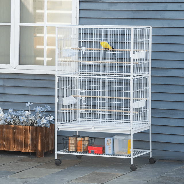 Bird Cage with Wheels Removable Tray 4 Doors Feeders and Storage Shelf 78x52x132cm White