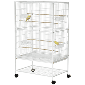 Jaula para Pájaros con Ruedas Bandeja Extraíble 4 Puertas Comederos y Estante de Almacenamiento 78x52x132cm Blanco