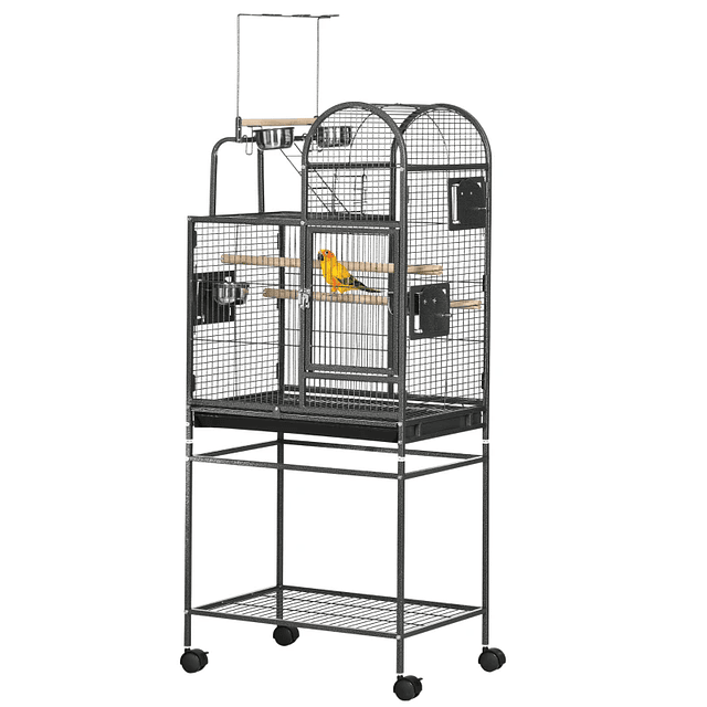 Bird Cage 61x43x163cm with 4 Doors 2 Feeders 3 Perches Removable Tray Open Shelf and 4 Black Wheels