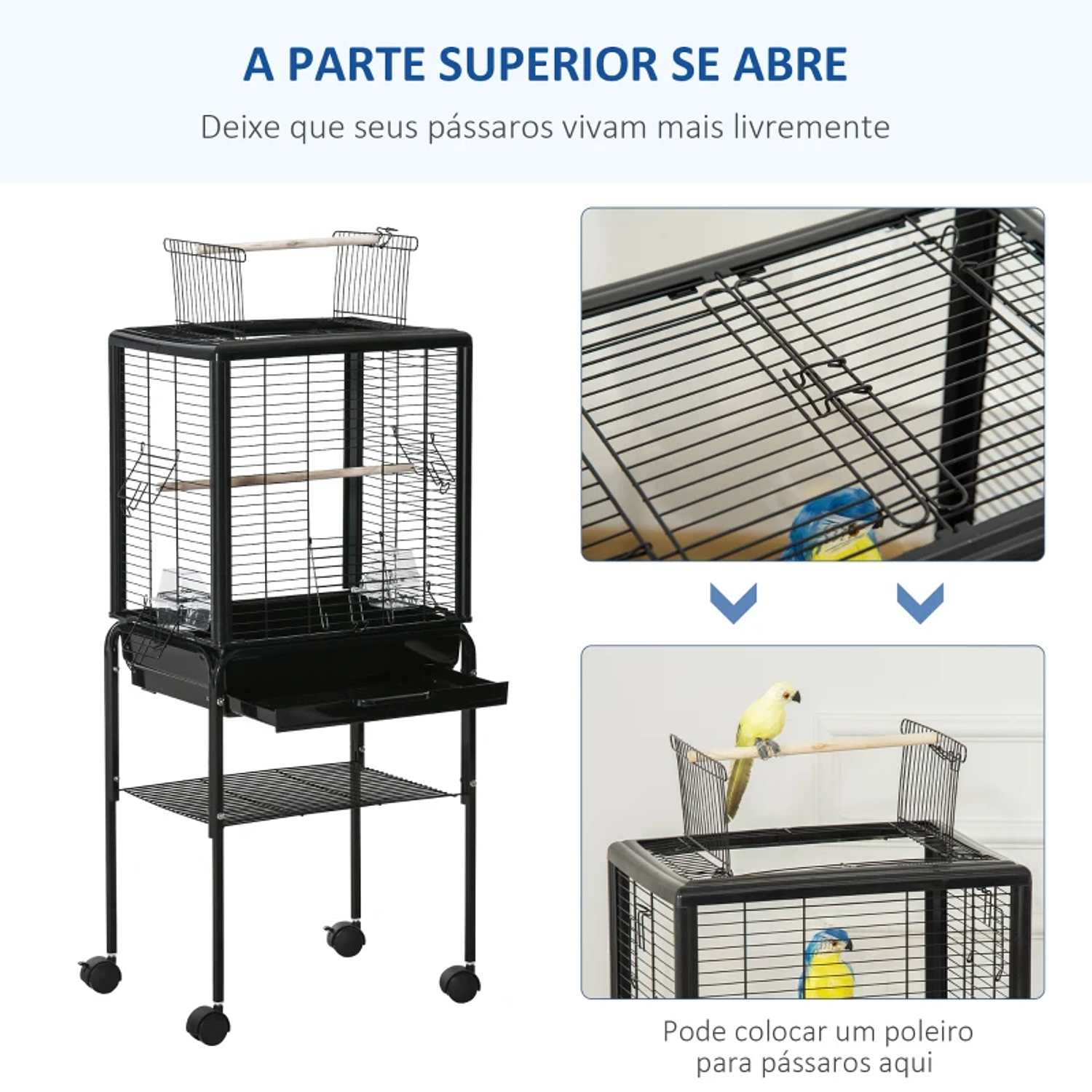 Gaiola para Passáros com Suporte Desmontável Gaiola com 4 Rodas Teto com Abertura 2 Comedouros 2 Poleiros e Bandeja para Periquitos Canários 47x35x106,5cm Preto 3