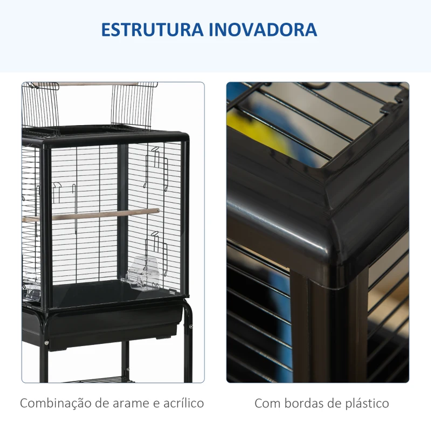 Gaiola para Passáros com Suporte Desmontável Gaiola com 4 Rodas Teto com Abertura 2 Comedouros 2 Poleiros e Bandeja para Periquitos Canários 47x35x106,5cm Preto 5