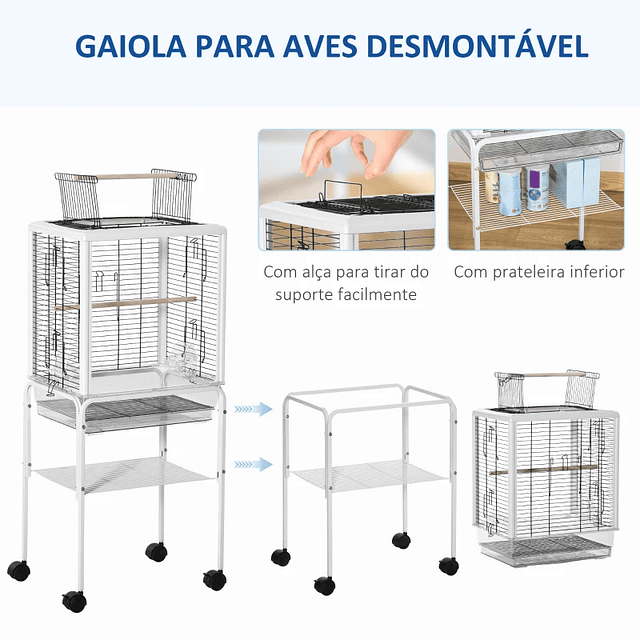 Gaiola para Passáros com Suporte Desmontável Gaiola com 4 Rodas Teto com Abertura 2 Comedouros 2 Poleiros e Bandeja para Periquitos Canários 47x35x106,5cm Branco