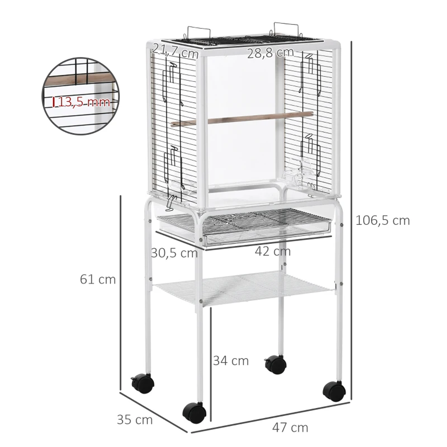 Gaiola para Passáros com Suporte Desmontável Gaiola com 4 Rodas Teto com Abertura 2 Comedouros 2 Poleiros Bandeja Removível 47x35x106,5cm Branco 2