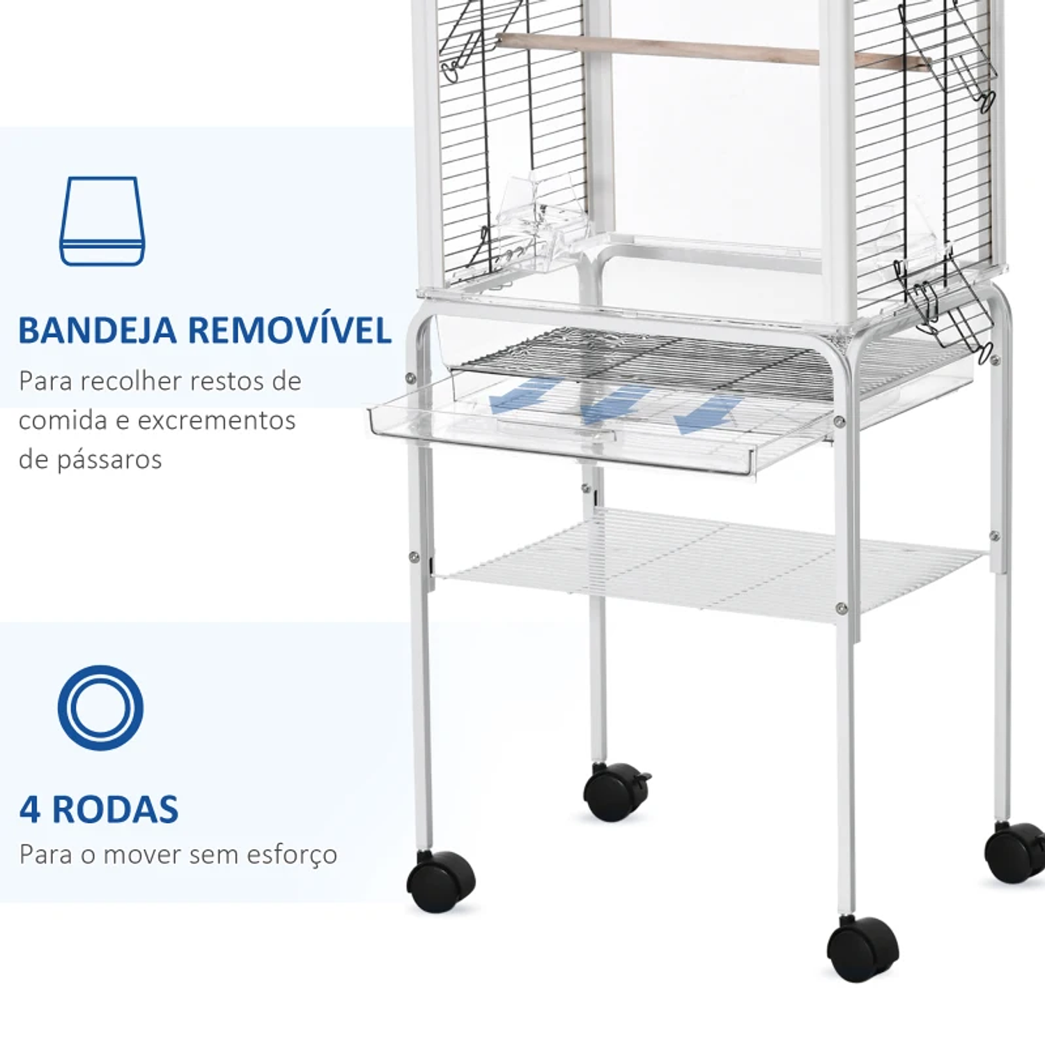 Gaiola para Passáros com Suporte Desmontável Gaiola com 4 Rodas Teto com Abertura 2 Comedouros 2 Poleiros Bandeja Removível 47x35x106,5cm Branco 6