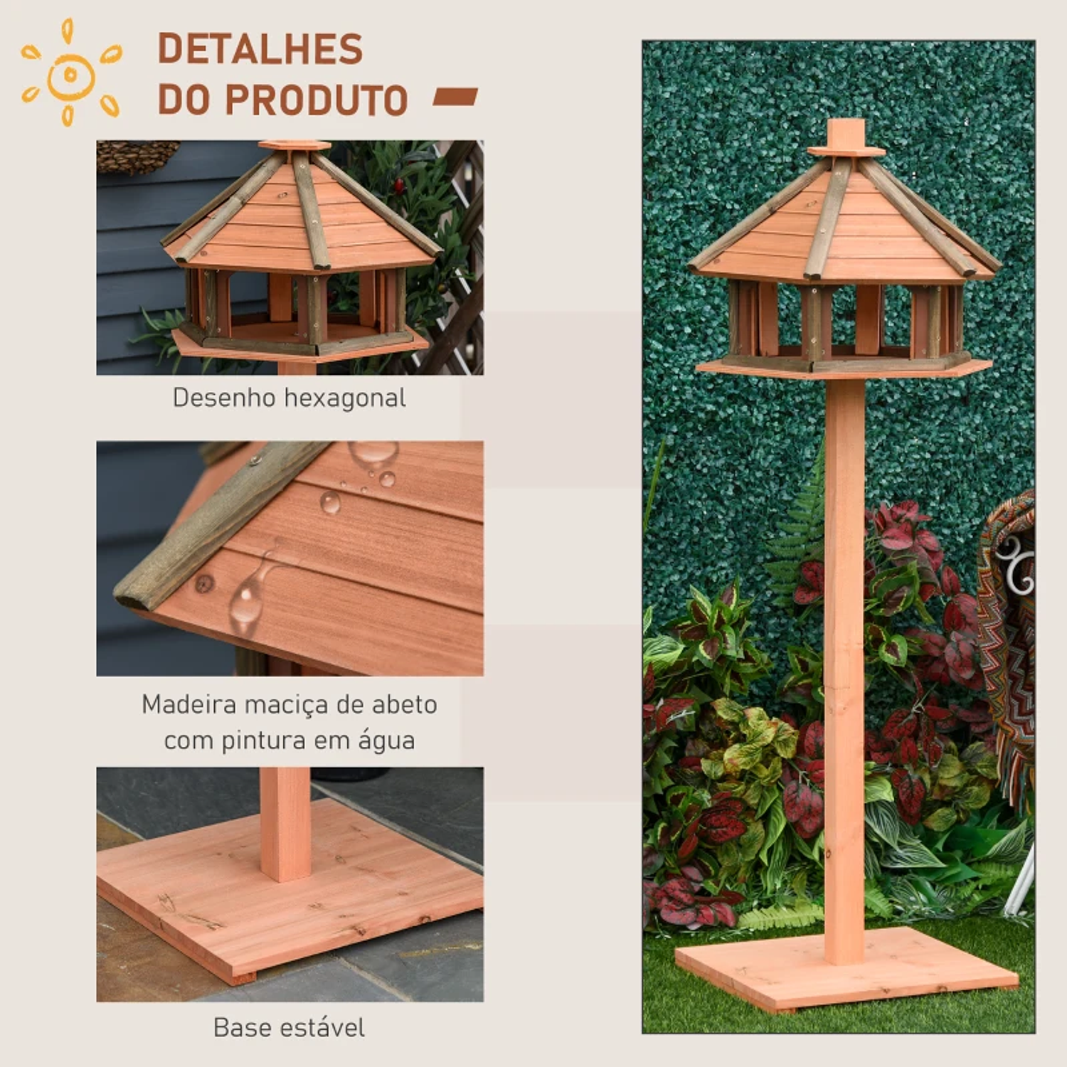 Casa para Pássaros de Pé de Madeira Maciça Ø52x130cm com Teto Comedouro para Aves Silvestres para Exterior Jardim Natural 3