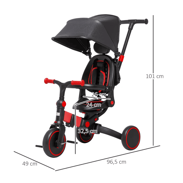 Triciclo Infantil 3 en 1 Triciclo Evolutivo con Capota Abatible y Manillar Desmontable 96,5x49x101cm