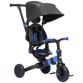 Triciclo 3 em 1 para Crianças Triciclo Evolutivo com Capô Dobrável e Guiador Desmontável 96,5x49x101cm - Azul