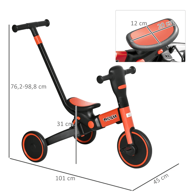 Triciclo para niños 4 en 1 con manillar ajustable y desmontable Marco de aleación de aluminio 101x45x76.2-98.8cm