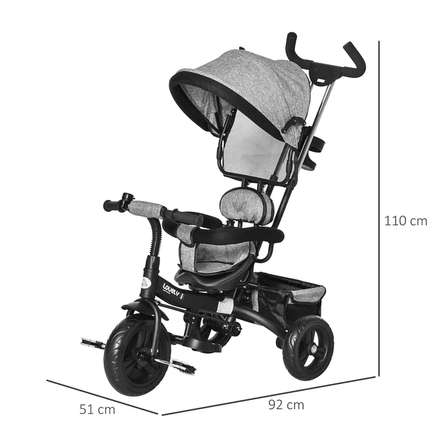 Triciclo para Niños 2 en 1 con capota regulable a partir de 18 Meses 92x51x110cm