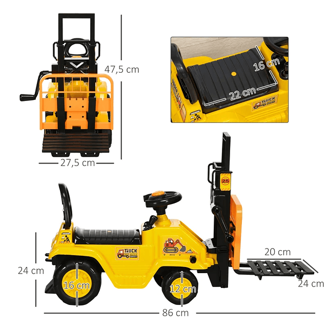 Carro Andador Empilhadeira Elevatória de Brinquedo com Forquilha Móvel e Assento com Armazenamento 86x27,5x47,5cm Amarelo