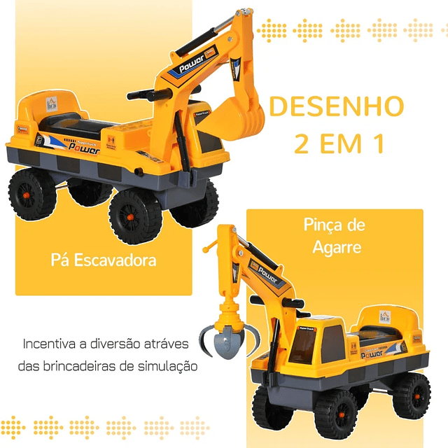 Children's Pedalless Excavator for 2-3 Year Old Children Car Walker with Shovel Grasping Gripper Lights Music and Hidden Storage 90x28x58cm Yellow