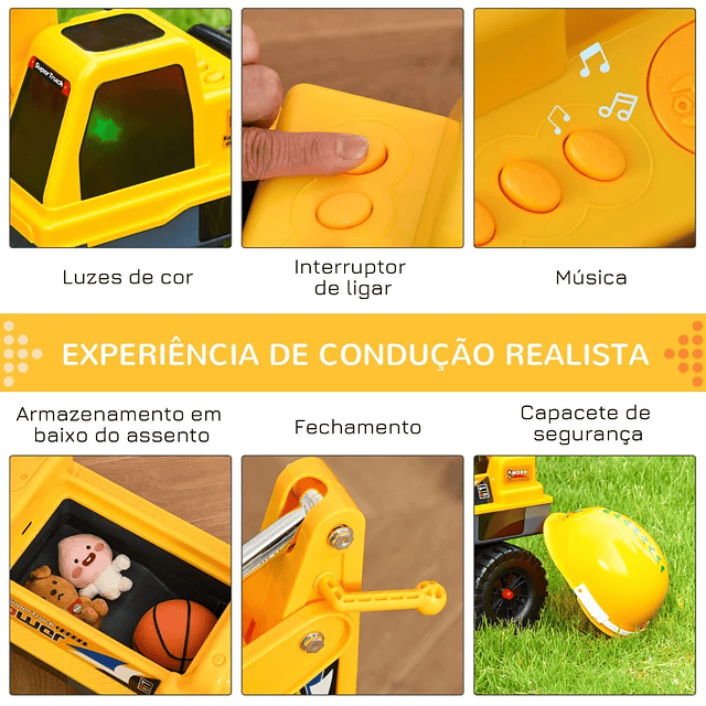 Escavadora Infantil sem Pedais para Crianças de 2-3 anos Carro Andador com Pá Pinça de Agarrar Luzes Música e Armazenamento Oculto 90x28x58cm Amarelo 