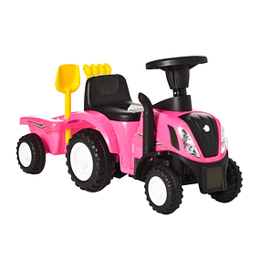 Tractor para niños de 12 a 36 meses con remolque extraíble, andador con bocina, faro delantero, pala y rastrillo, carga 25 kg 91x29x44cm - rosa