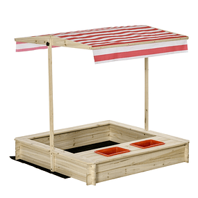 Children's Wooden Sandbox with Height-Adjustable Sloping Roof and 2 Auxiliary Trays Garden Sandbox for Children Over 3 Years Old 118x118x118cm Natural and Red