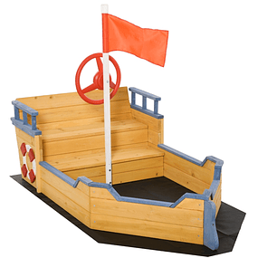 Children's Wooden Sandbox Galleon Design with 2 Steps Red Flag and Rudder Garden Sandbox for Children over 3 Years Old 158x78x45,5cm Natural
