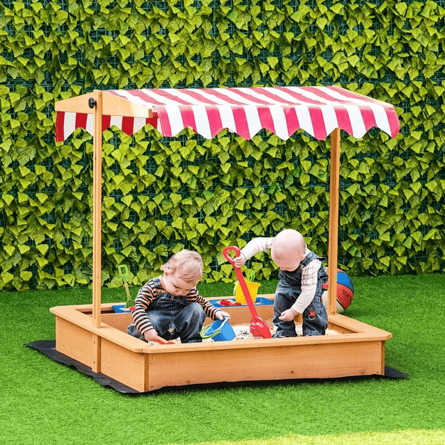 Arenero de madera con techo inclinable de altura ajustable y 2 cubos de plástico Arenero de jardín para niños a partir de 3 años 107,5x107,5x110cm Natural