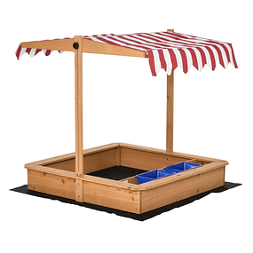 Wooden Sandbox with Adjustable Height Tilt Roof and 2 Plastic Buckets Garden Sandbox for Children Ages 3+ 107.5x107.5x110cm Natural