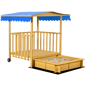 Sandbox for Children with Balcony Roof and Wheels Children's Sandbox for Children 3-8 Years 133x129x137.5 cm Wood
