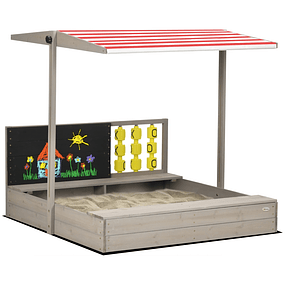 Children's Wooden Sandbox with Adjustable Roof Bench with 2 Seats Slate and Game 114x113x110 cm Wood