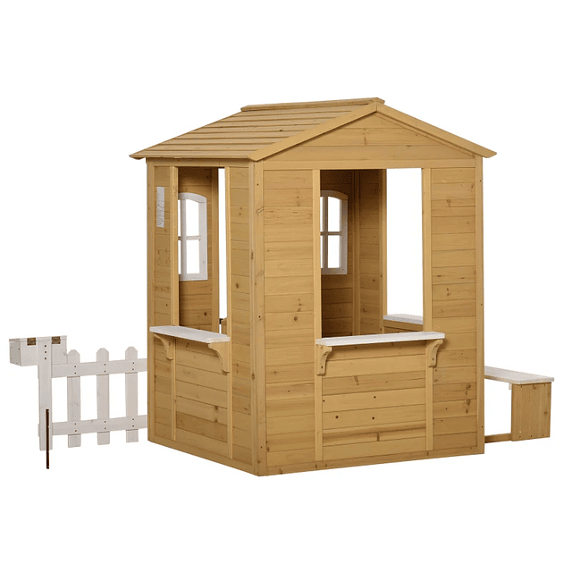 Casita infantil para niños a partir de 3 años casita de madera con banco buzón 204x107x140 cm para exterior interior Color madera natural