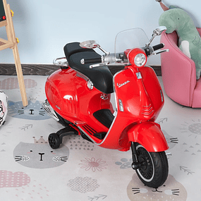 Vespa scooter eléctrico para niños mayores de 3 años con Faros Musicales y 2 Ruedas Auxiliares 108x49x75 cm - Rojo