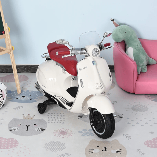 Vespa scooter eléctrico para niños mayores de 3 años con Faros Musicales y 2 Ruedas Auxiliares 108x49x75 cm