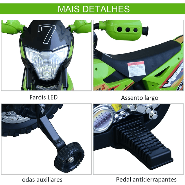 Moto eléctrica infantil Moto eléctrica para niños mayores de 3 años con luces, música y ruedas de apoyo 109x52,5x70,5cm Verde