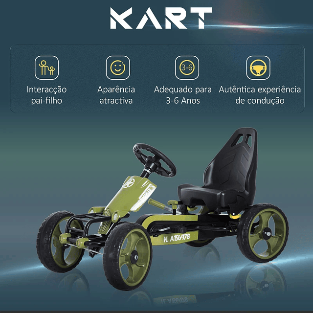Go-Kart de pedales para niños mayores de 3 años con freno de embrague asiento ajustable máx. 35 kg 105x54x61cm Verde