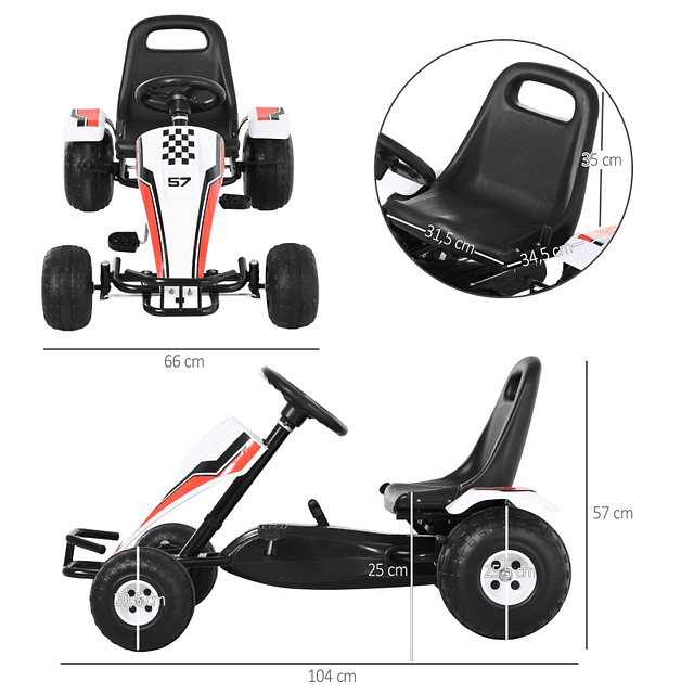 Pedal Go Kart para niños 3+ Coche de pedales para niños con asiento ajustable y freno de mano 104x66x57cm Blanco y negro