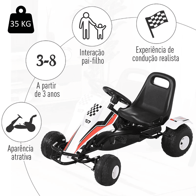 Pedal Go Kart para niños 3+ Coche de pedales para niños con asiento ajustable y freno de mano 104x66x57cm Blanco y negro